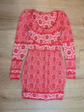 Free People Red Floral Botanical Bodycon Mini Dress Sheer Lace Panel Long Sleeve